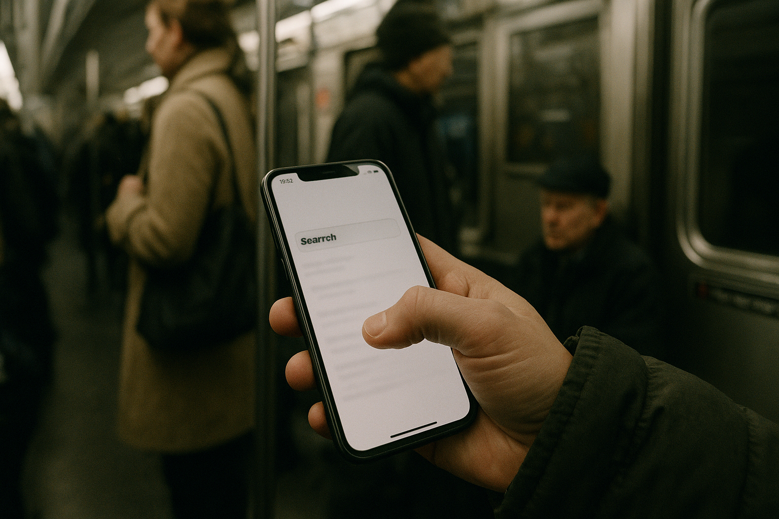 A commuter on a subway train holds a smartphone with a search results page open, thumb hovering over a search bar, winter coat's sleeve visible.