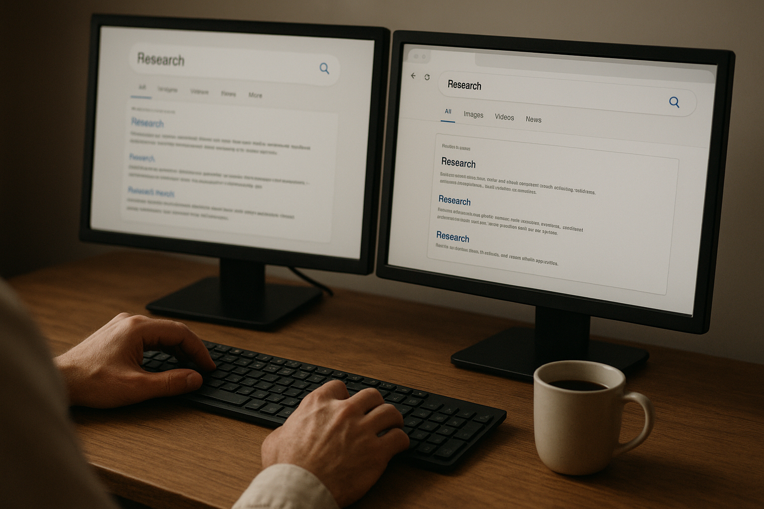 A researcher at a wooden desk browses two side-by-side monitors showing different search engine result layouts, a coffee mug nearby.