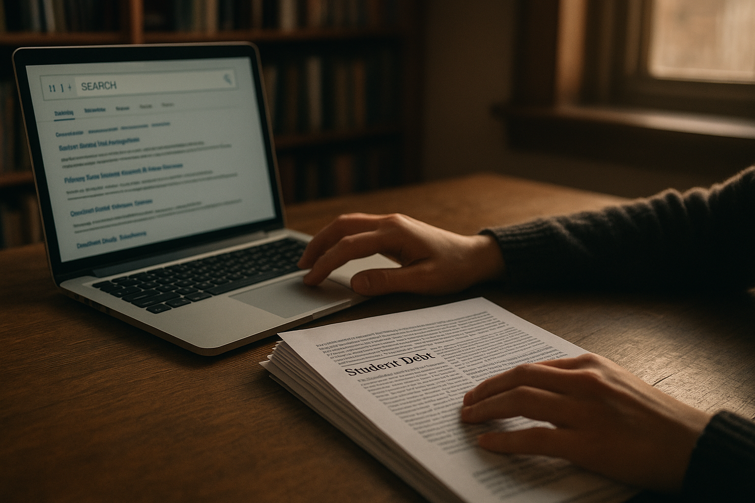 A student in a library stacks printed articles on a table, one hand scrolling a laptop with a multi-engine search results dashboard, late afternoon sunlight thr