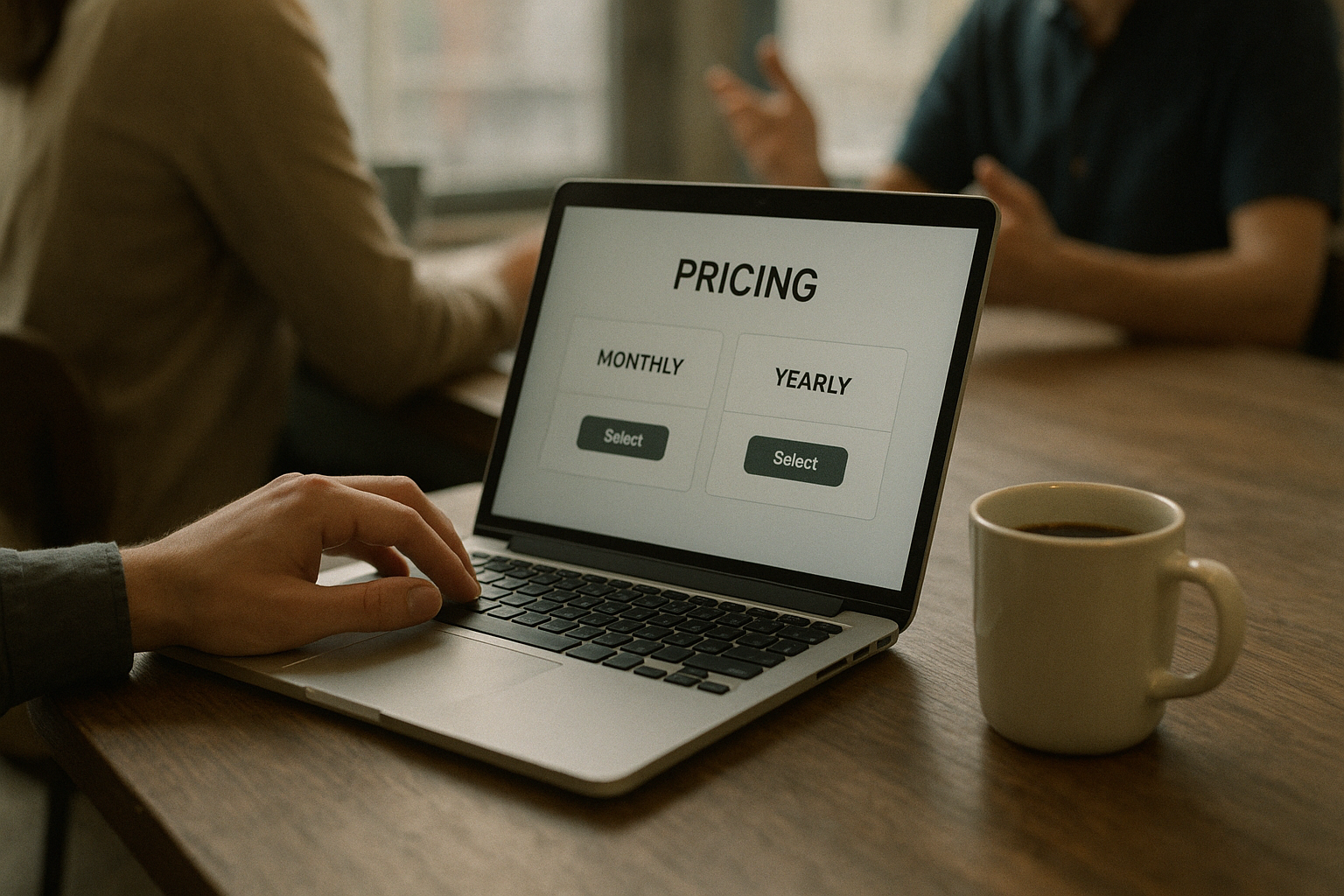 A hand scrolls a laptop screen showing a pricing table with monthly and yearly options, a coffee mug nearby.