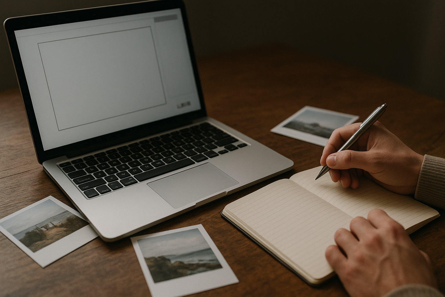 A person sits at a wooden desk with printed photos and a notebook open, laptop displays a blank template layout.