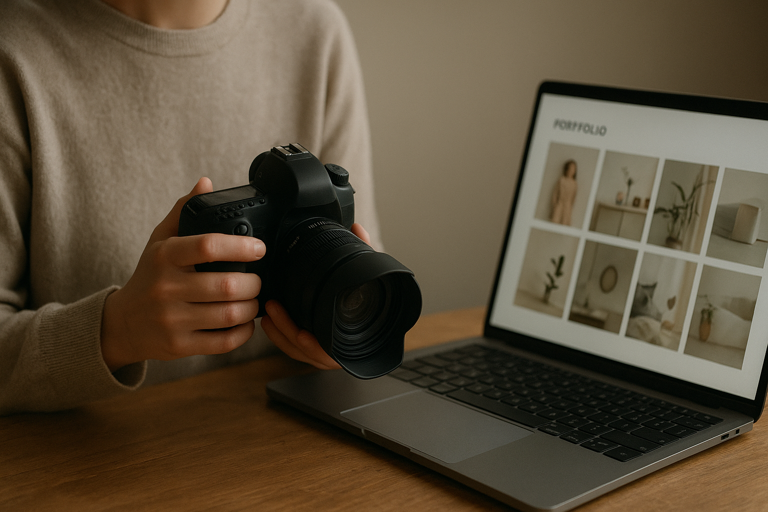 A photographer in a sunlit studio holds a DSLR camera, a laptop beside her displays a clean portfolio grid.