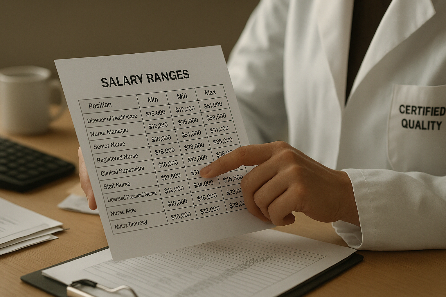 A certified quality professional in a white coat examines a printed spreadsheet of salary ranges on a cluttered hospital desk.