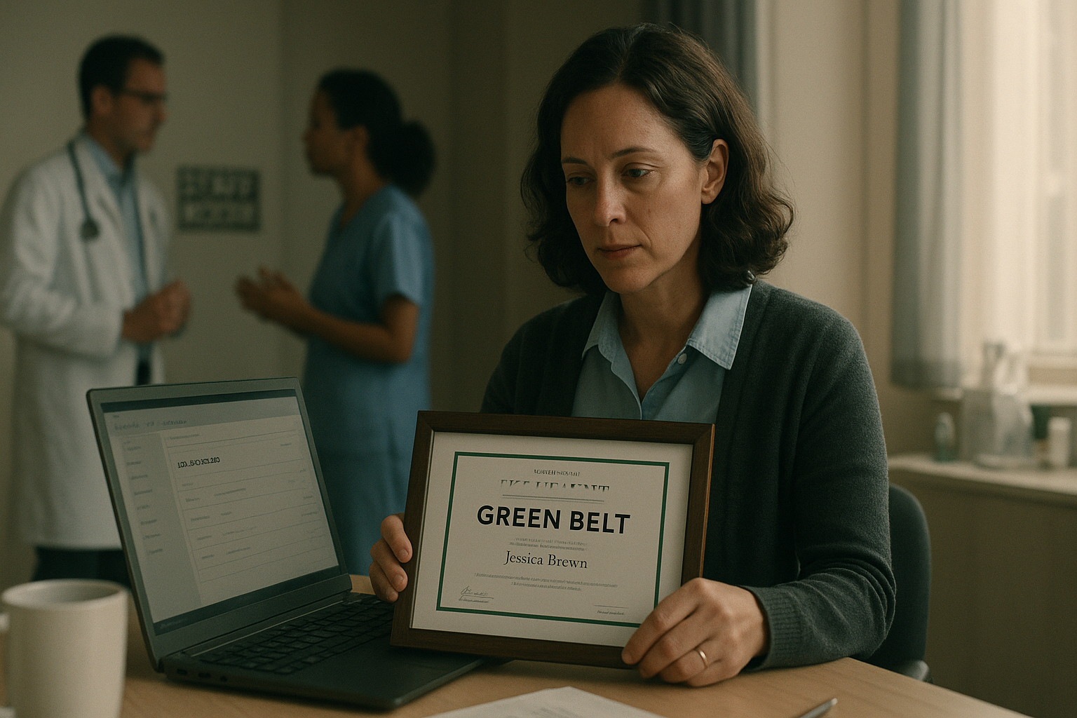 A healthcare manager holds a framed Green Belt certificate while reviewing a laptop screen showing a job dashboard.