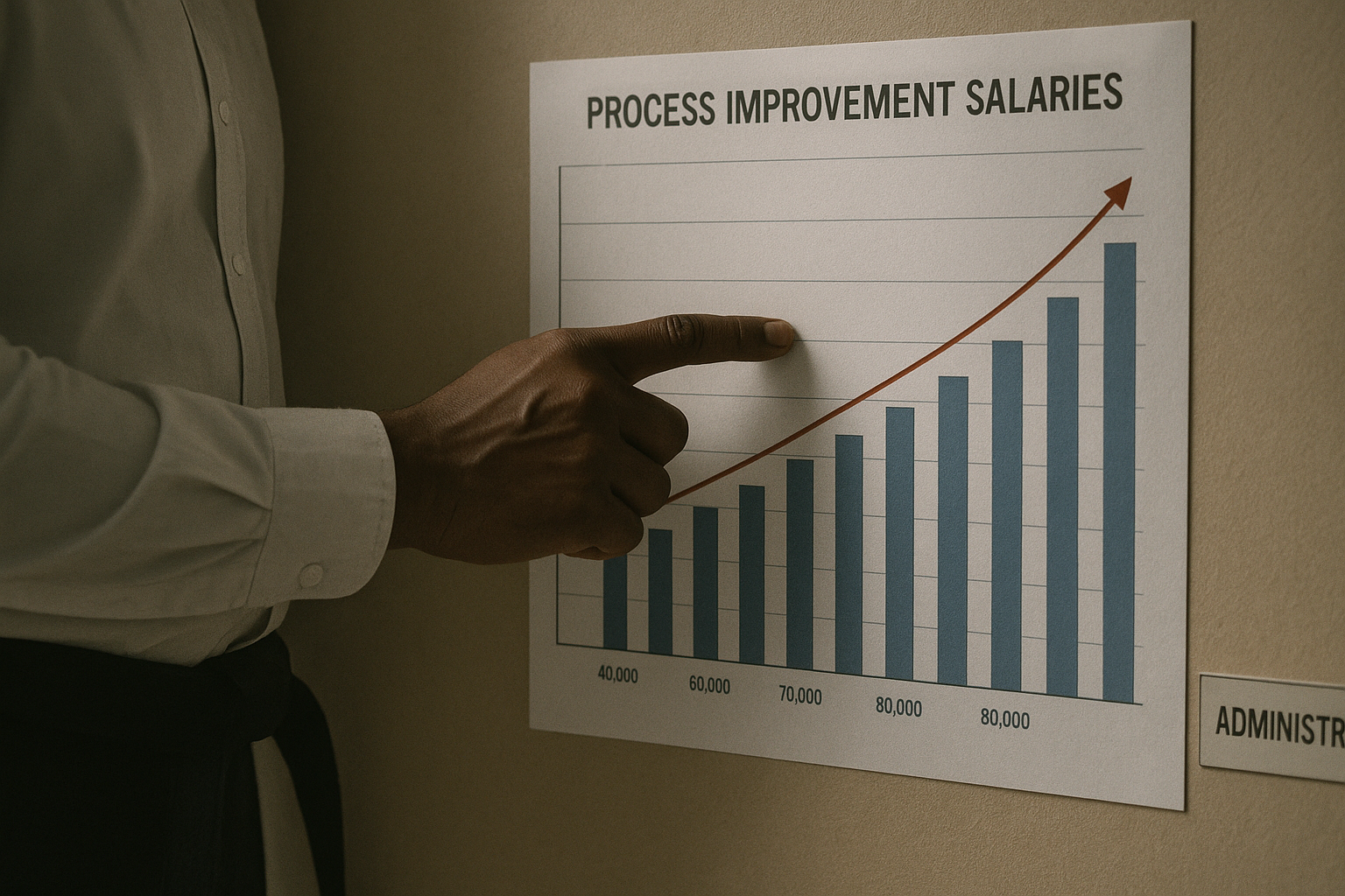 A Black Belt analyst points at a wall chart mapping process improvement salaries in a hospital administration office.
