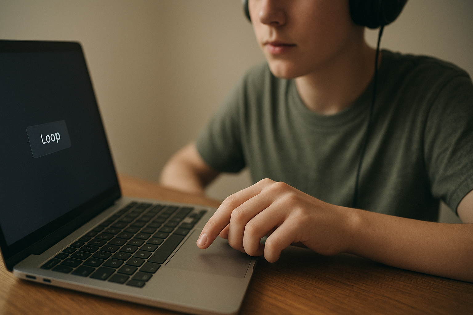 A teenager wearing headphones sits at a wooden desk, clicking a laptop's trackpad to loop a short audio clip.