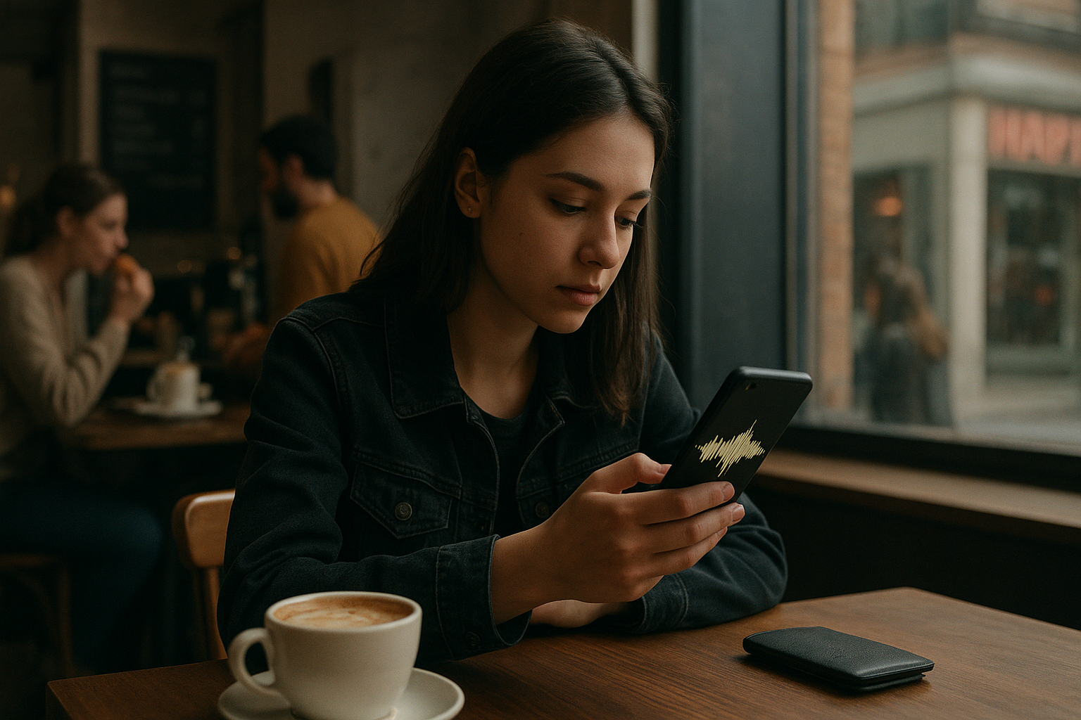 A young woman scrolls a smartphone in a coffee shop, a waveform graphic visible on the bright screen.
