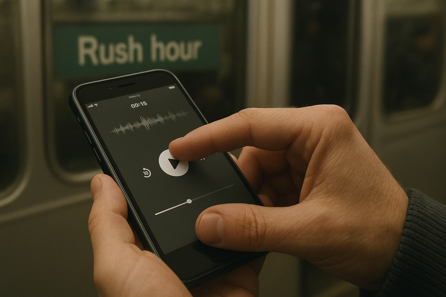 A hand taps a smartphone screen showing a simple audio tool interface on a subway train during rush hour.