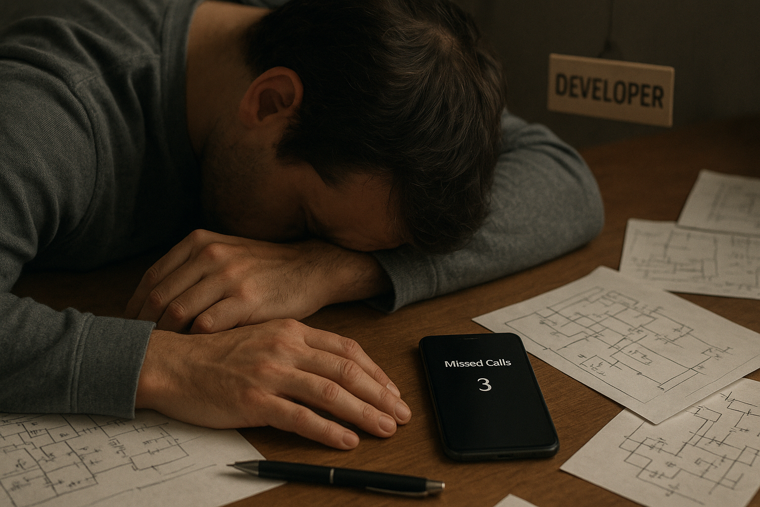 A developer slumps at a cluttered desk, scattered unfinished schematic sketches around, and a smartphone screen showing missed calls.
