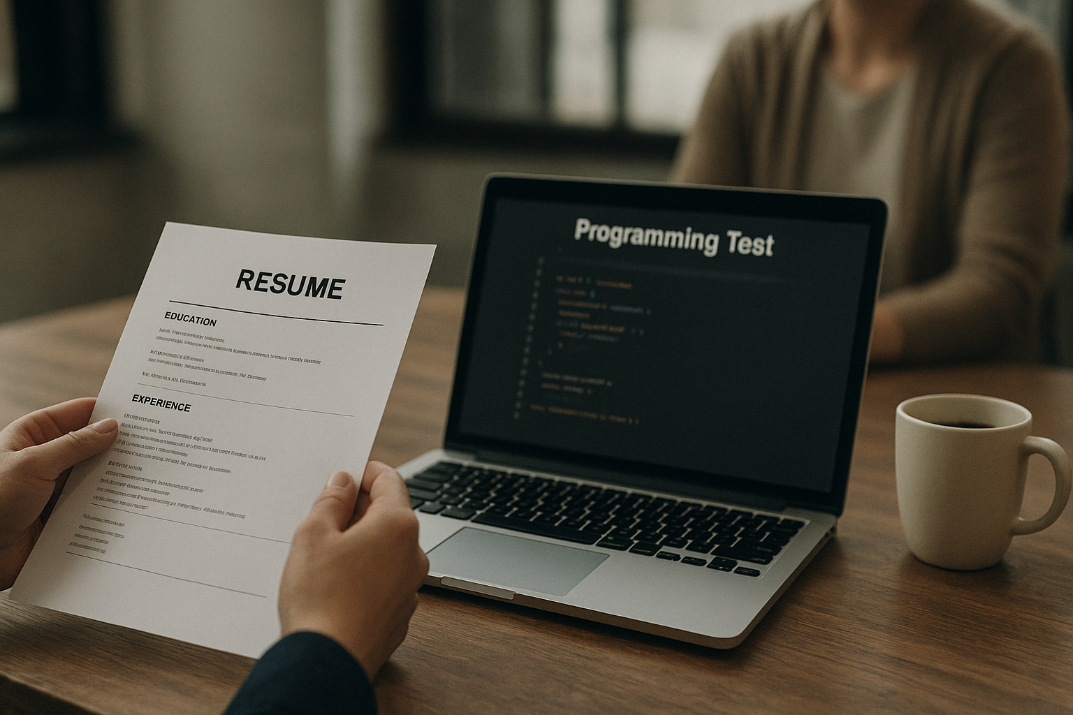 A job applicant holds a printed resume while a laptop on the table displays a programming test interface, a coffee mug beside it.