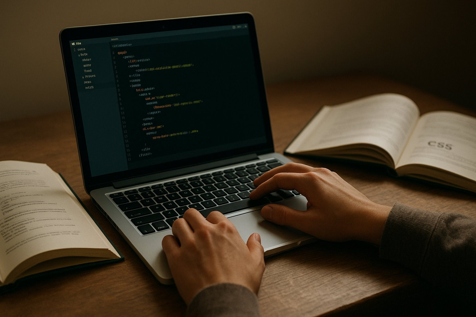A student sits at a wooden desk, hands hovering over a laptop showing a code editor, with open HTML and CSS textbooks nearby.