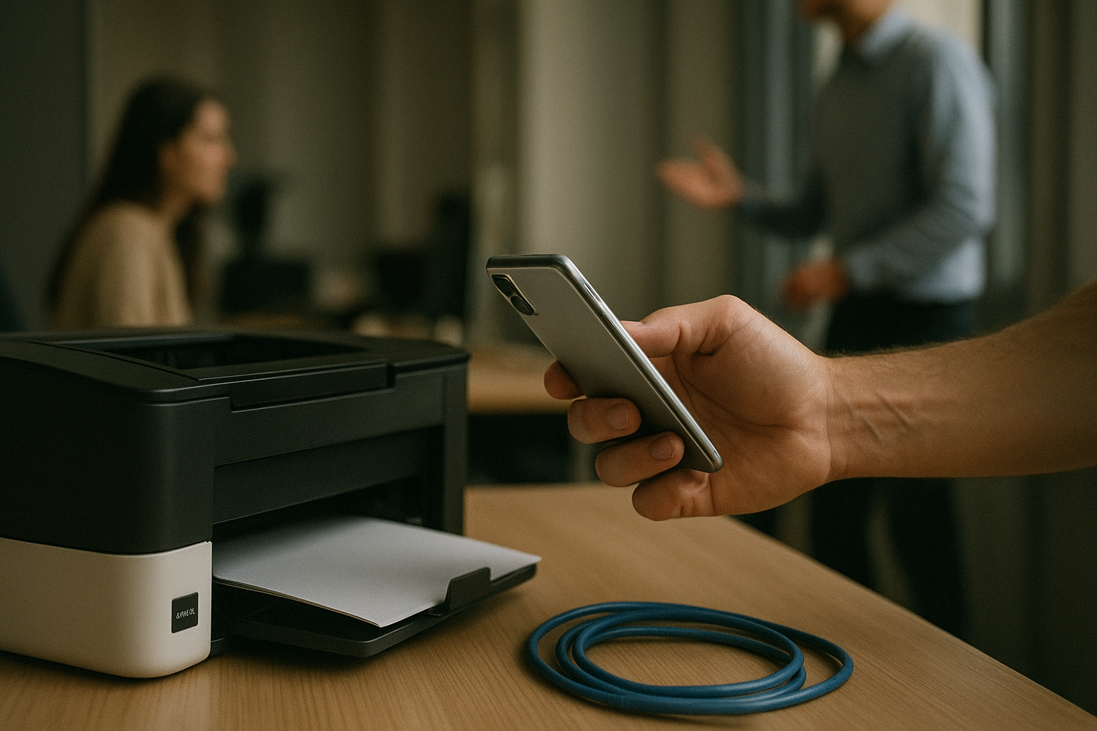 A hand holding a sleek silver smartphone hovers near a small office printer while a blue cable lies coiled on the table.