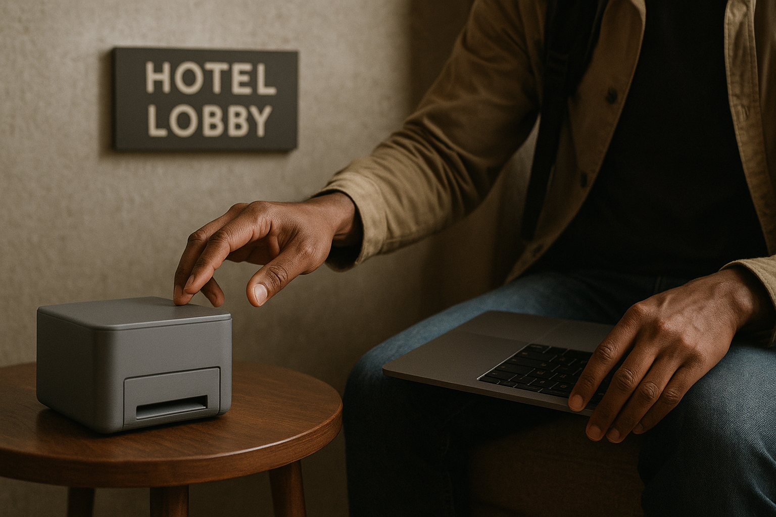 A traveler in a hotel lobby balances a thin laptop on one knee while reaching toward a compact printer on a side table.