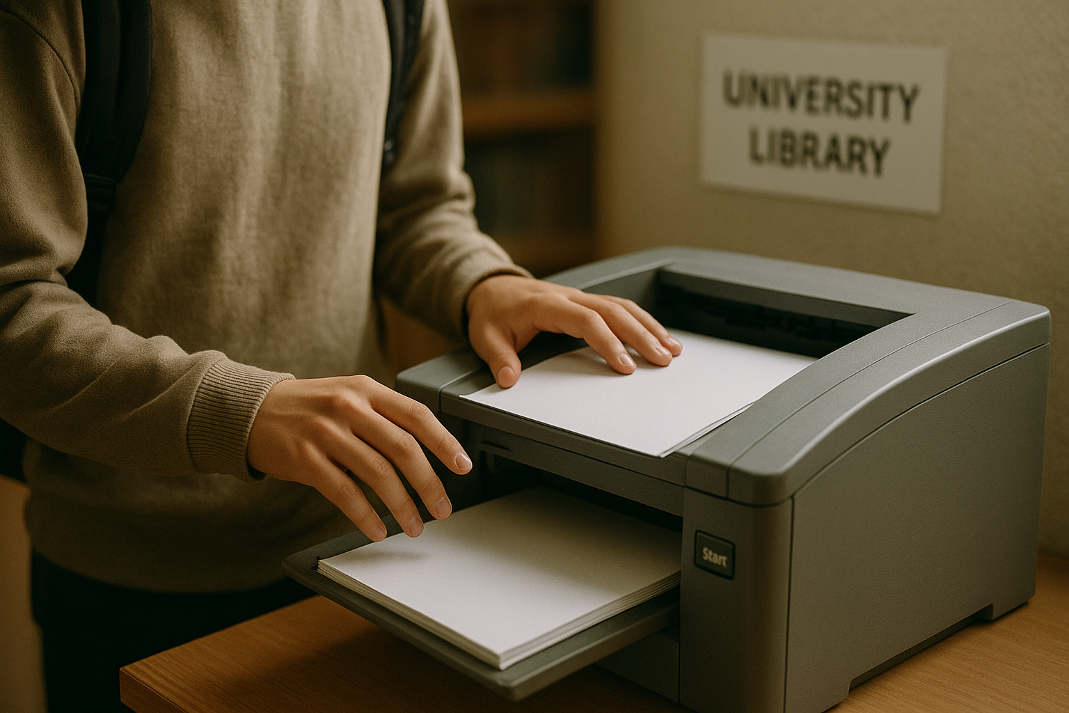 A student in a sunlit university library approaches a heavy gray printer with a stack of blank paper visible through its feed tray.