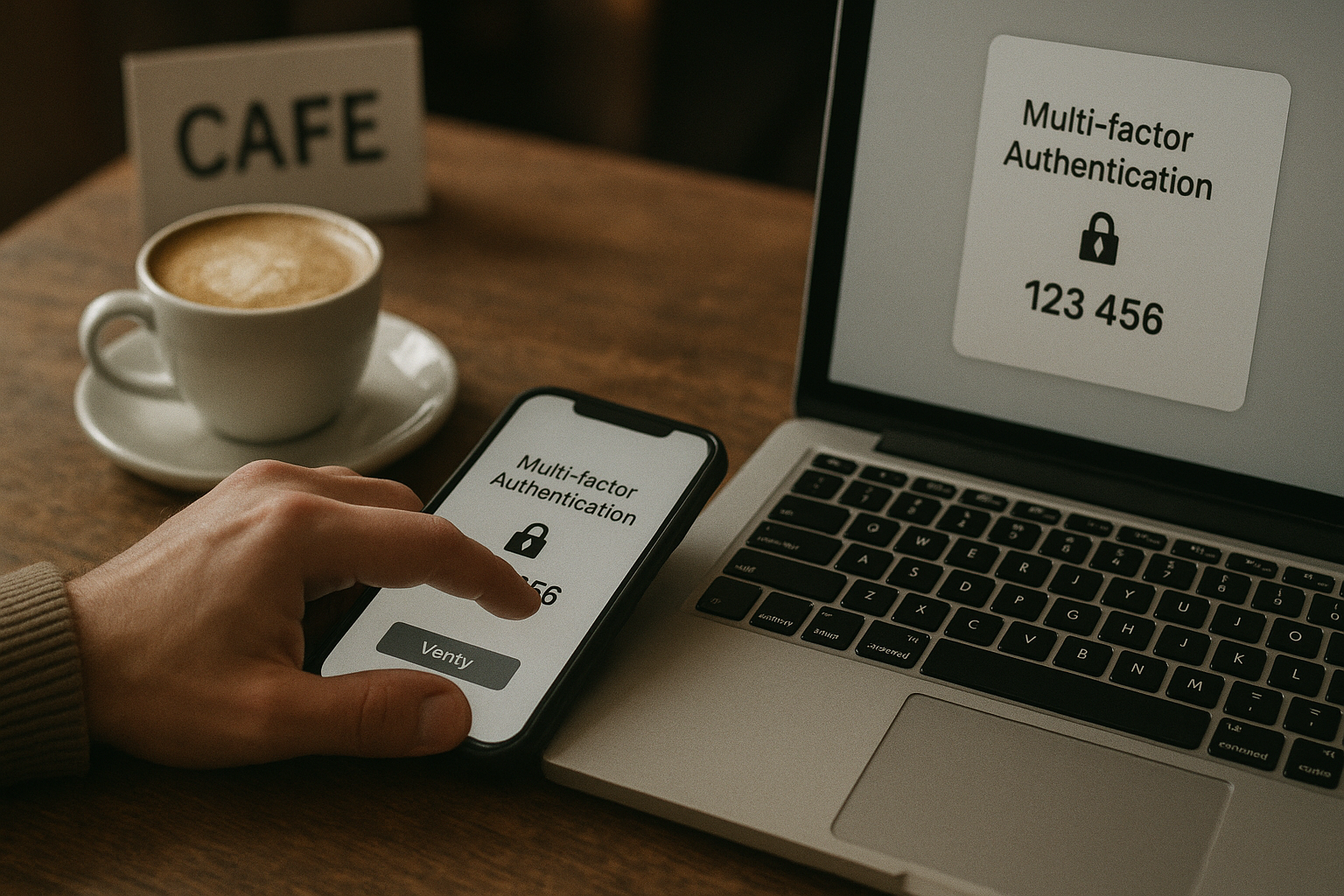A student taps a smartphone on a cafe table, a laptop screen shows a multi‑factor authentication prompt.