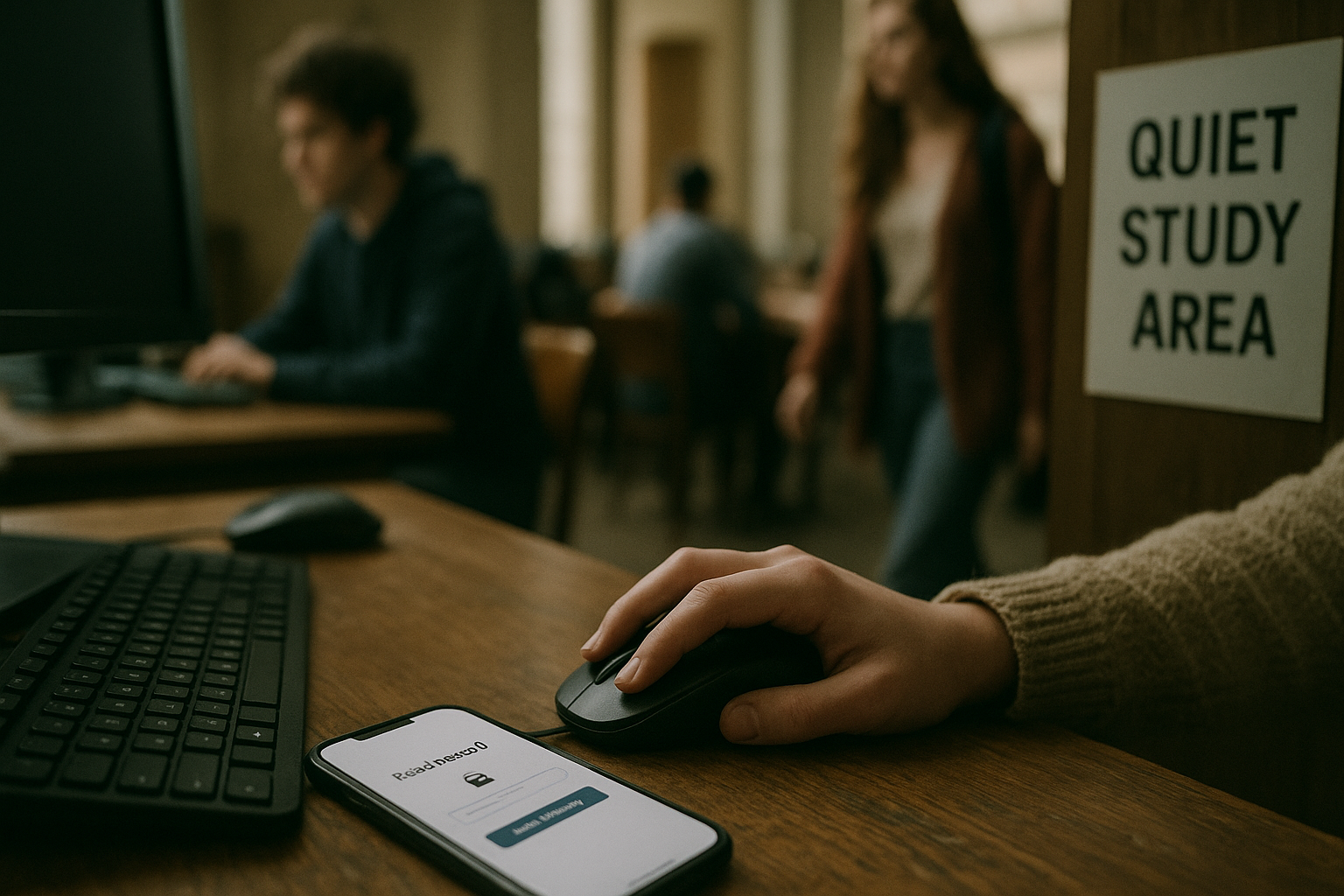 A student’s hand clicks a mouse on a desk with a smartphone showing a password reset page.