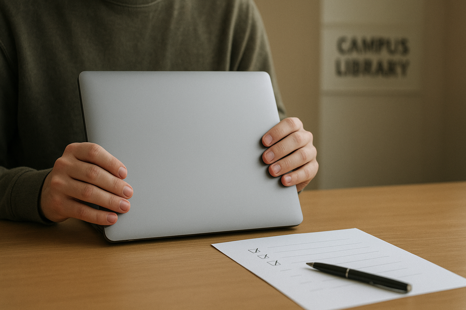 A student holds a new laptop at a campus library desk, papers with a checklist and a pen beside them.