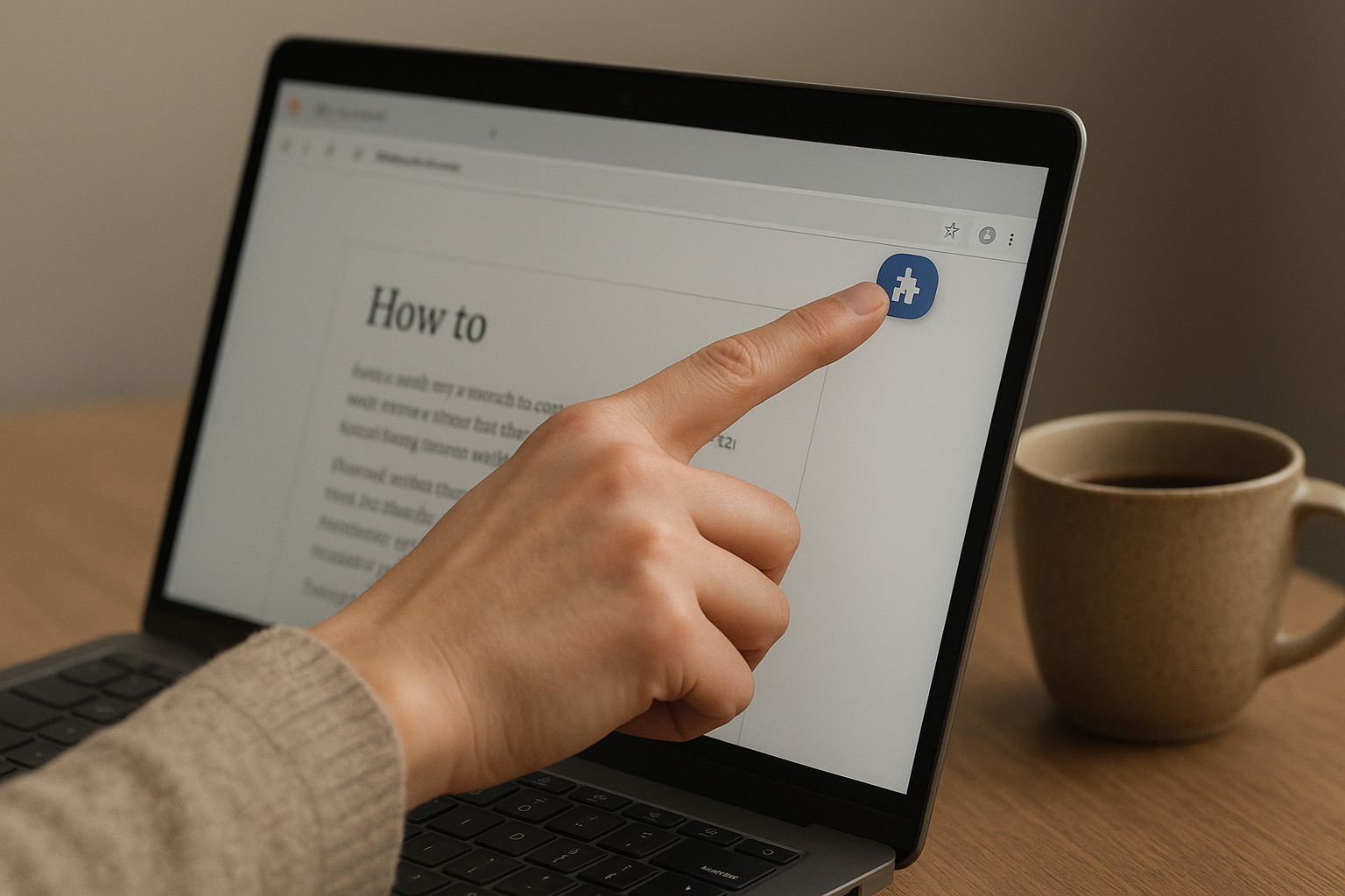 A person clicks a browser extension button on a laptop screen displaying an article, a cup of coffee nearby.