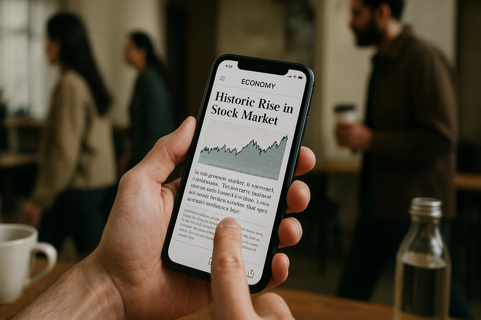 A hand holds a smartphone showing an article, thumb hovering over a share icon on the touchscreen.