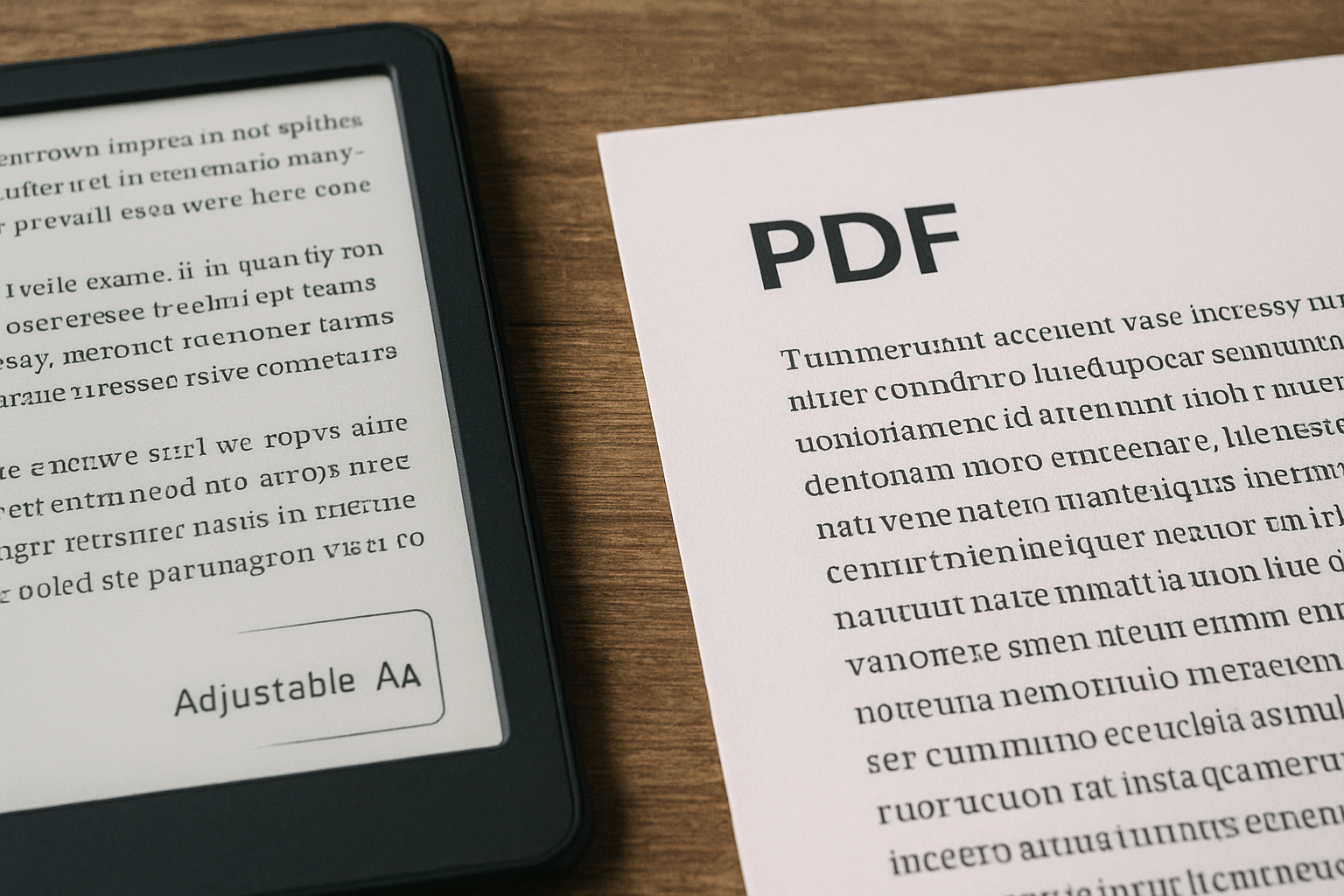 An e-reader with reflowed text beside a printed PDF page on a wooden desk, adjustable font icon visible.