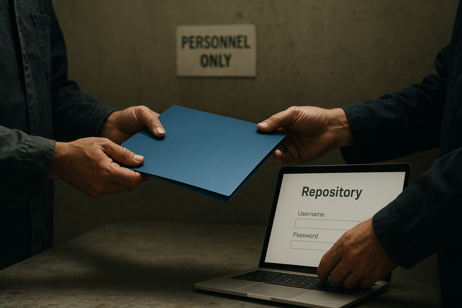 Two technicians across a metal table; one hands a blue folder to the other as a laptop displays a repository login form.