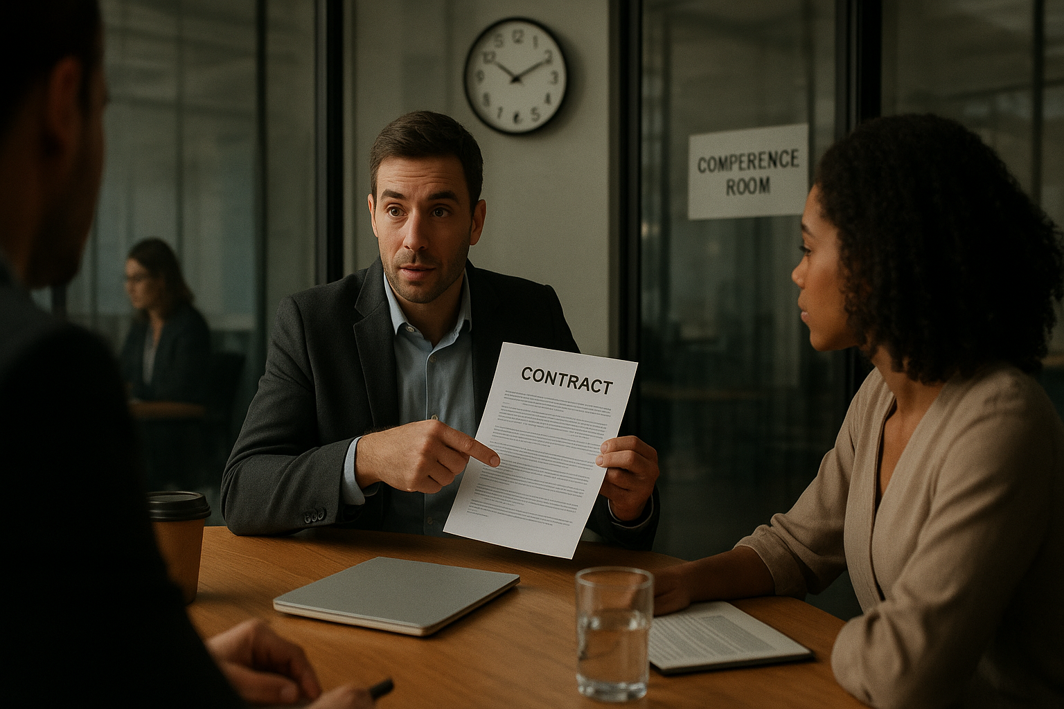 A business owner in a glass-walled conference room holds a printed contract, pointing to a clause as a clock shows the hour.