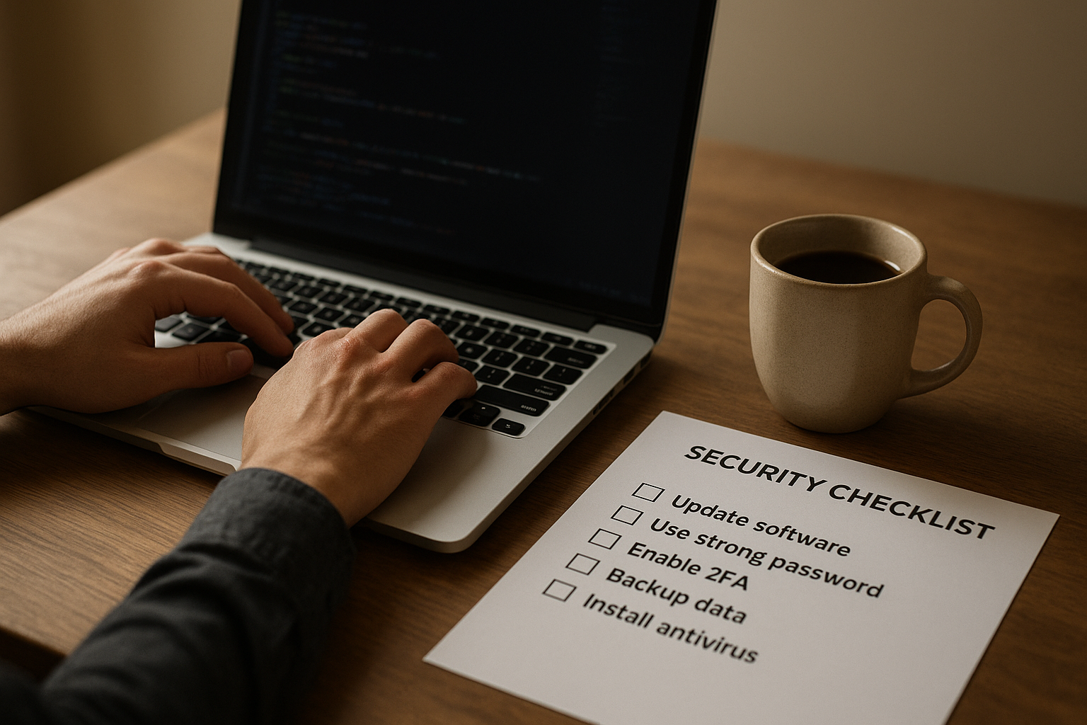 A web developer at a wooden desk in a sunlit office, fingers on a laptop keyboard, a printed security checklist beside a coffee mug.